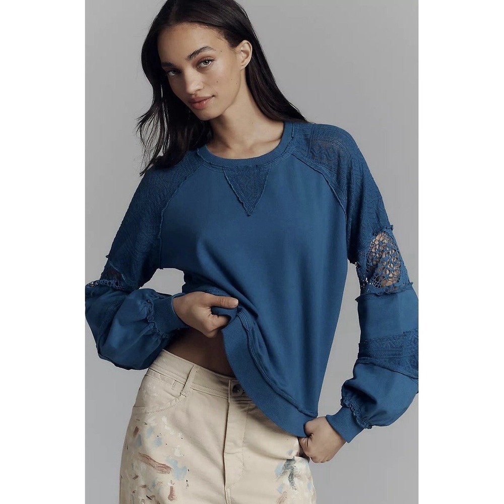 By Anthropologie Lace Balloon Sleeve Top Blue Cotton Sweatshirt  S Boho Romantic